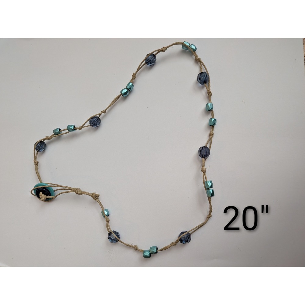 Boho Hemp Cord Beaded Necklace Teal Purple Glass Beads Button Toggle 20 Inch